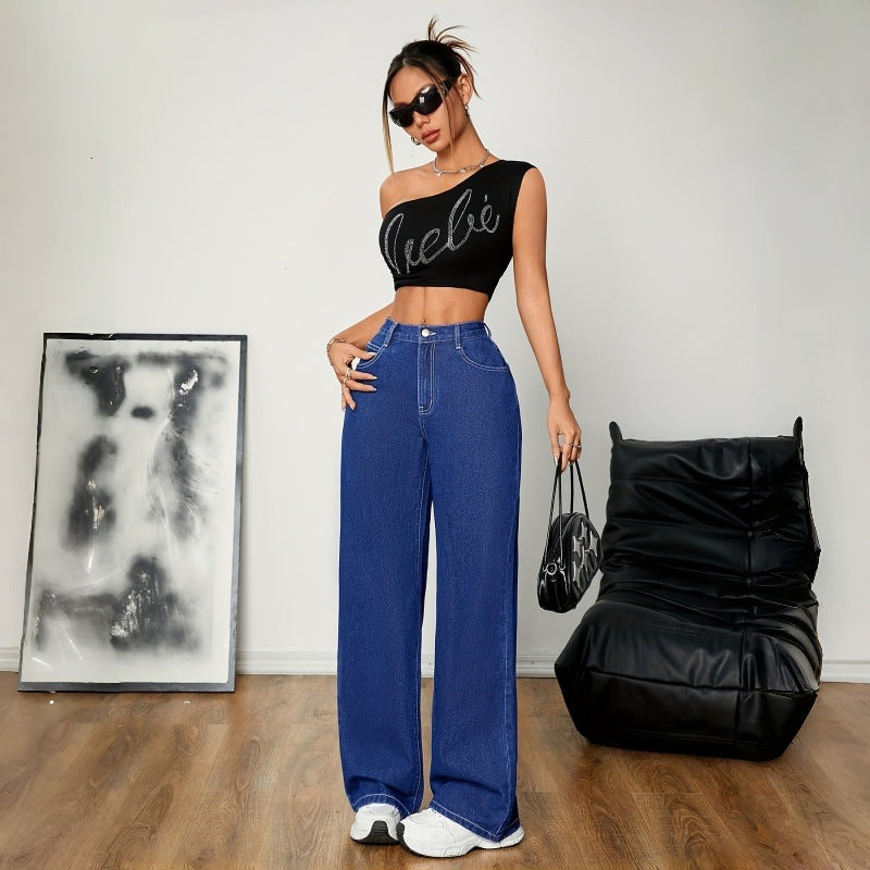 High Waist Non-Stretch Dark Wash Loose Wide Leg Denim Pants