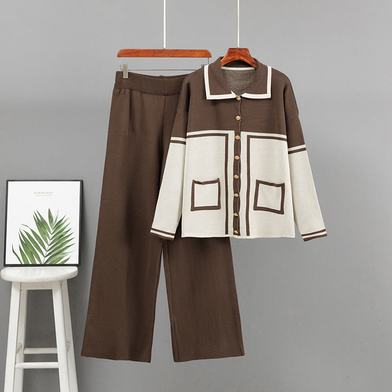 Flip collar loose cardigan two-piece set
