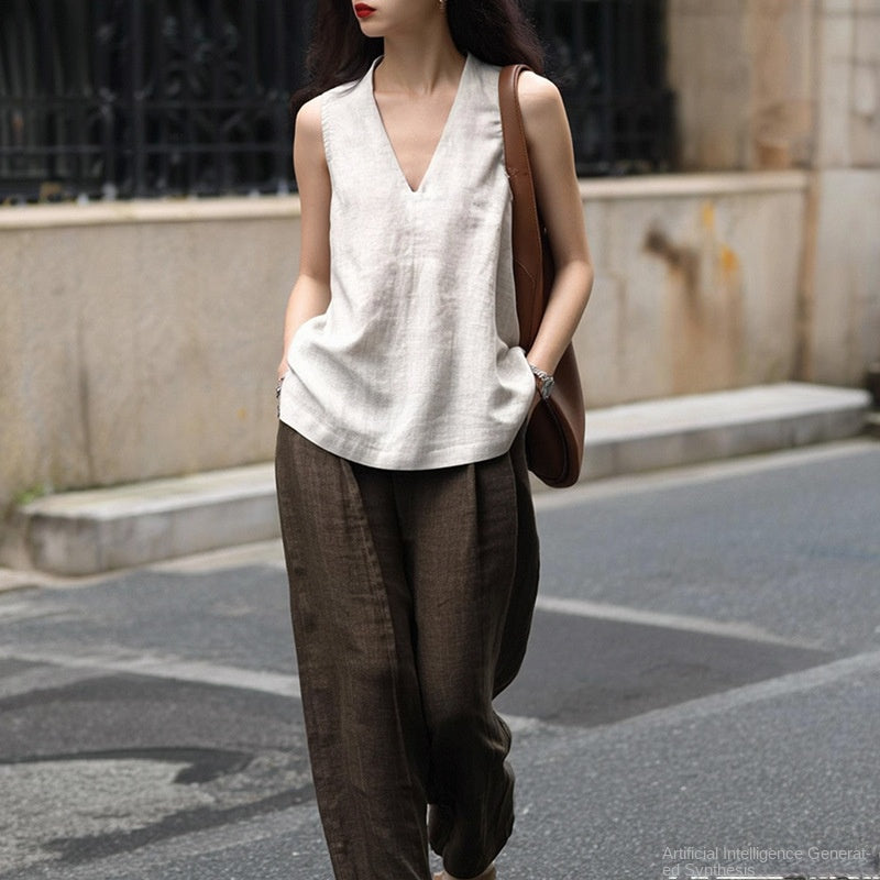Linen V-Neck Halter Tank Top for Women Summer Vacation Strapless Blouse Tee