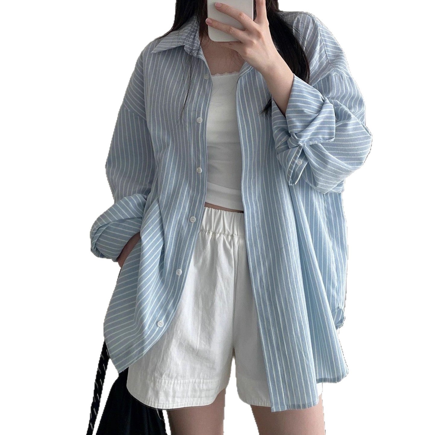 Polo Collar Light Blue Long Sleeve Striped Shirt Women's Chic Loose Cardigan Top
