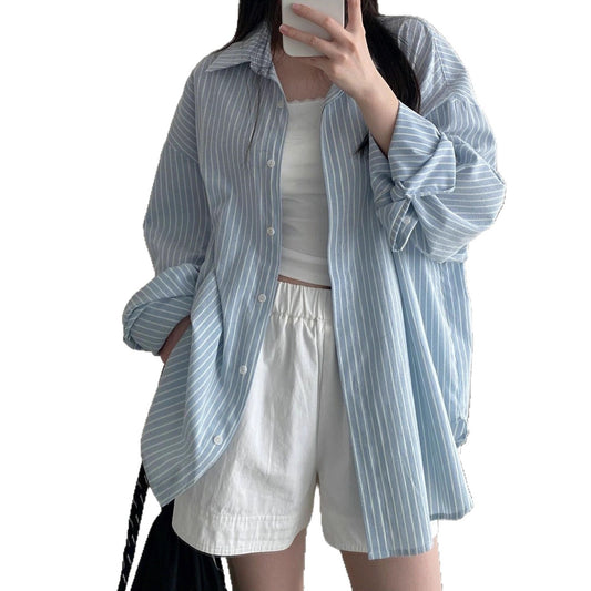 Polo Collar Light Blue Long Sleeve Striped Shirt Women's Chic Loose Cardigan Top