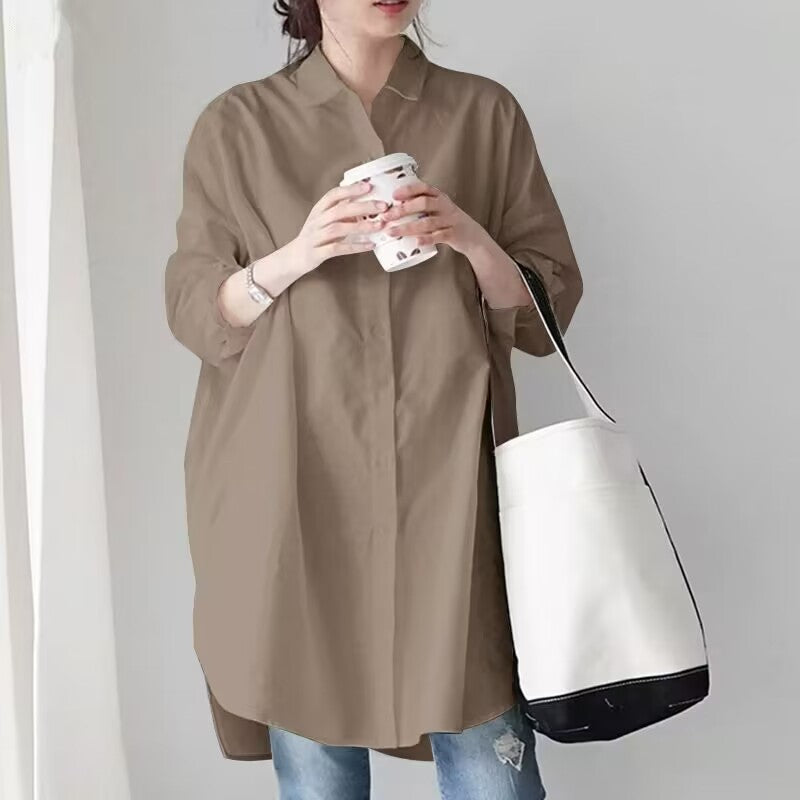 Women's New Long-sleeved White Shirt Medium and Long Length Fashionable Lazy and Loose Design with Pockets