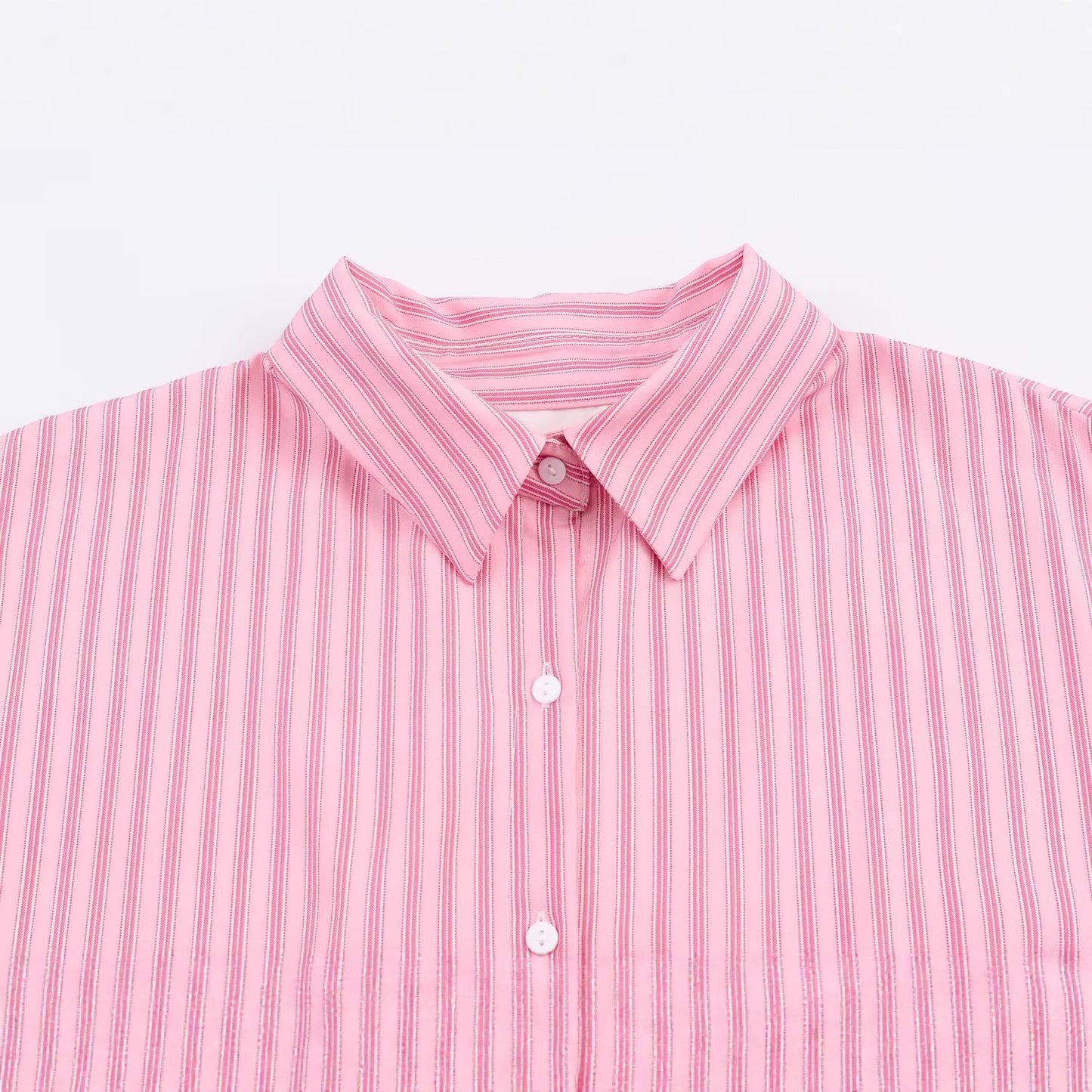 Collar single breasted long sleeved striped pink shirt for women