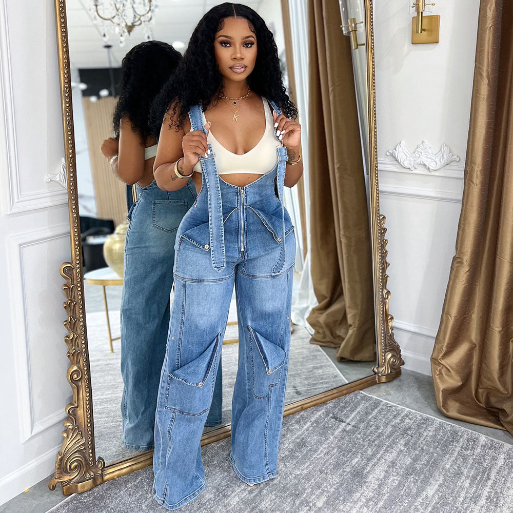 Women's Western Style Denim Overalls Summer Street Casual Zipper Washed Full-Length Jumpsuit