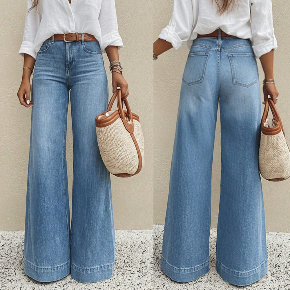 Vintage Washed Wide-Leg Jeans Women's Loose Slimming High-Waisted Denim Pants