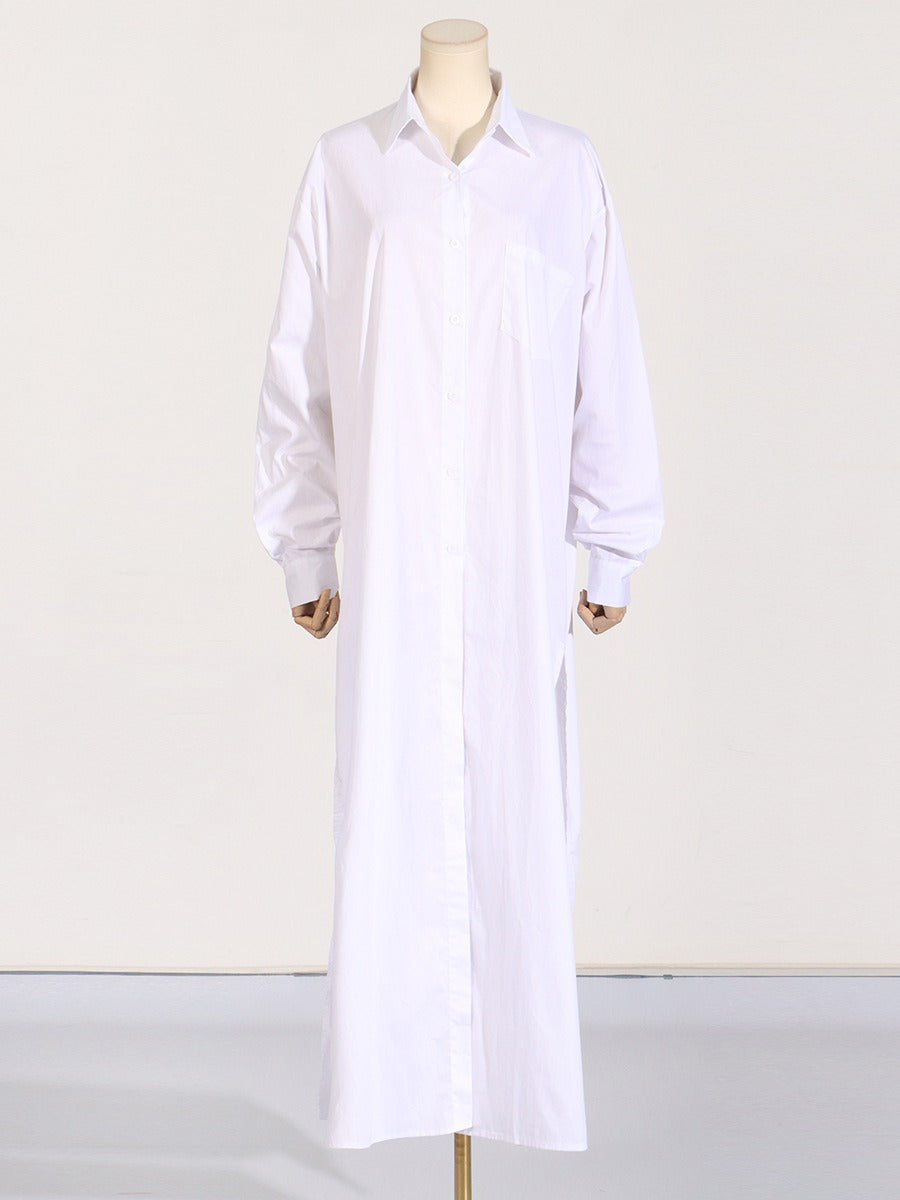 Flip collar side slit design simple long sleeved shirt for women