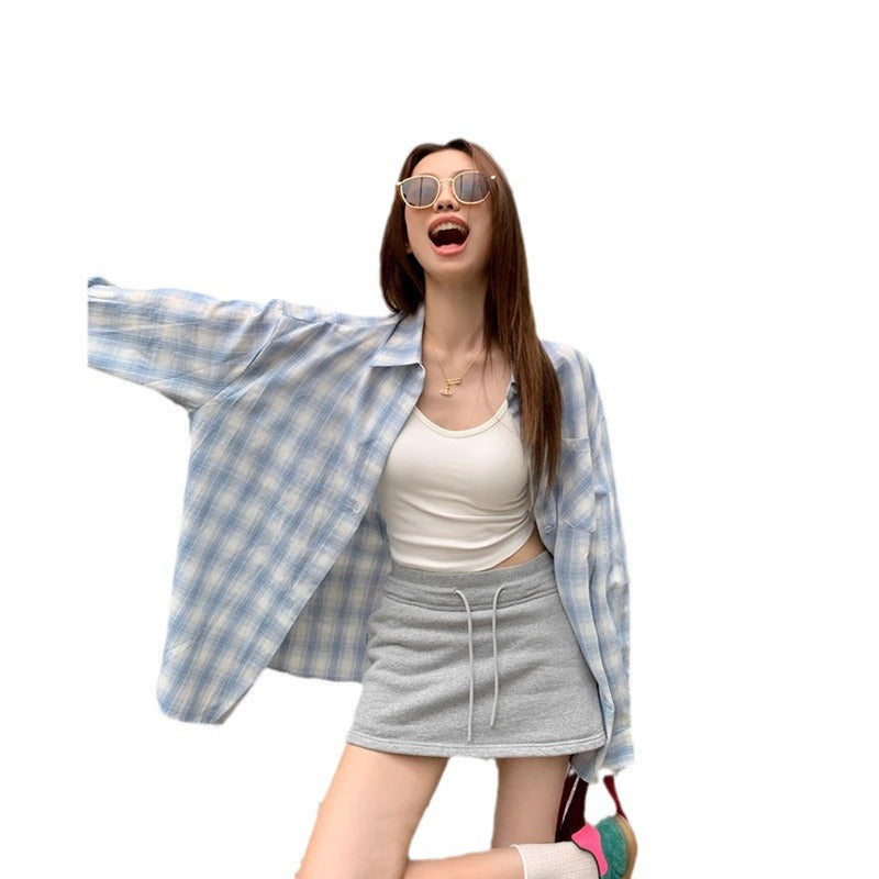Lazy Style Notched Collar Plaid Long Sleeve Shirt  Thin Casual Loose Sunscreen Cardigan Blouse Women's Outerwear