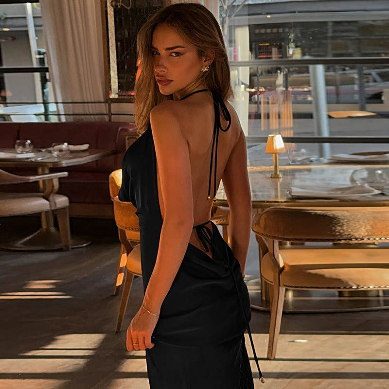 women's sexy low-cut deep V-neck halter tie-back large open back fitted slimming evening dress gown