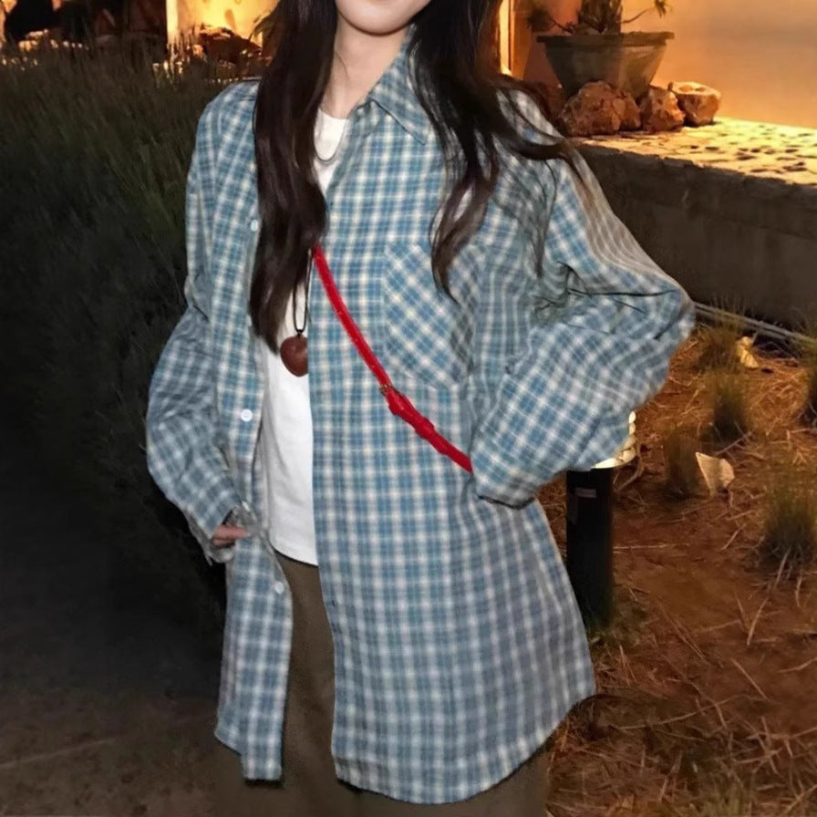 Vintage Plaid Shirt Women's  Thin Loose Collar Sunscreen Long Sleeve Blouse Outerwear Trendy