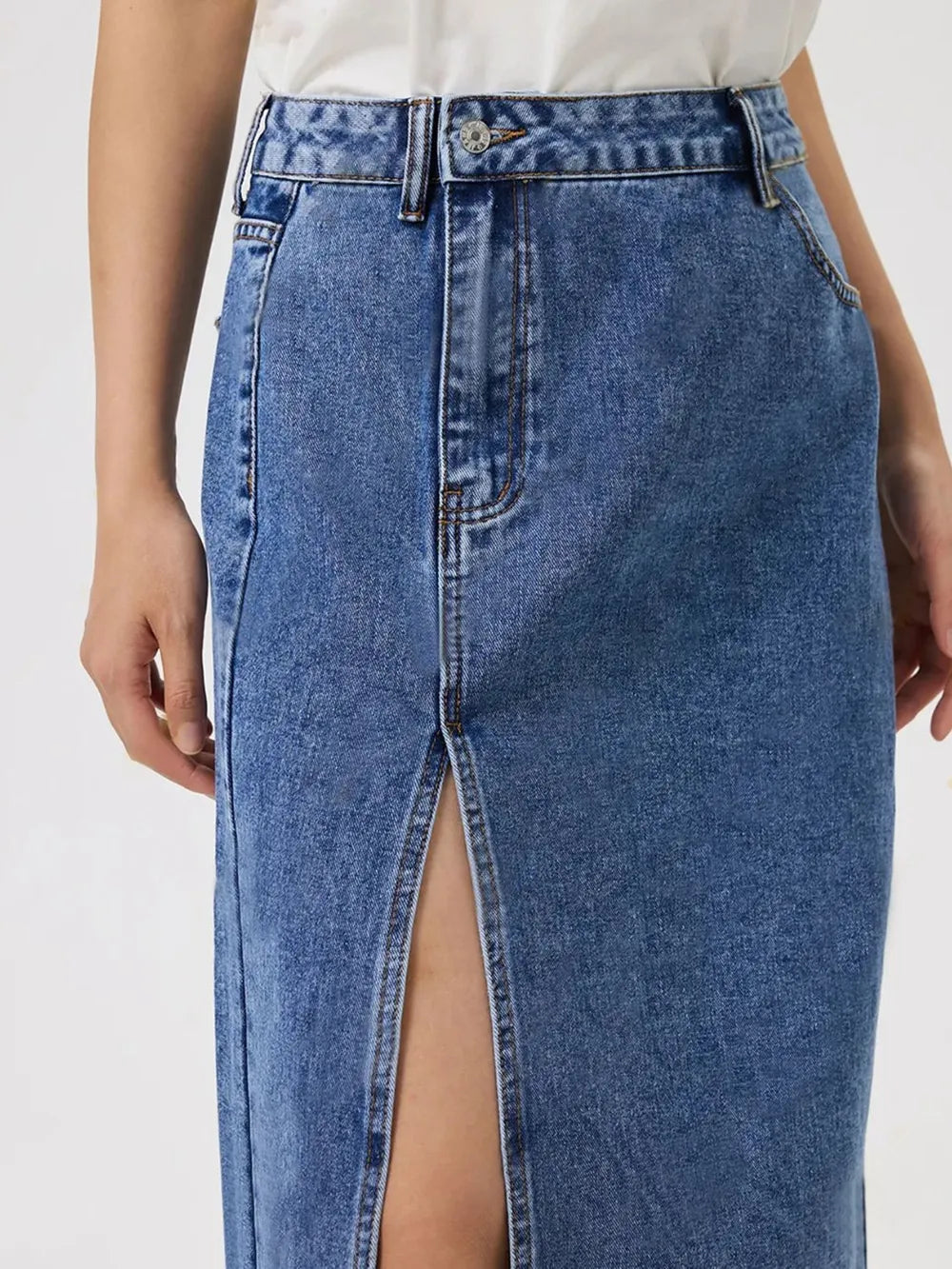 High waisted hip hugging split denim skirt