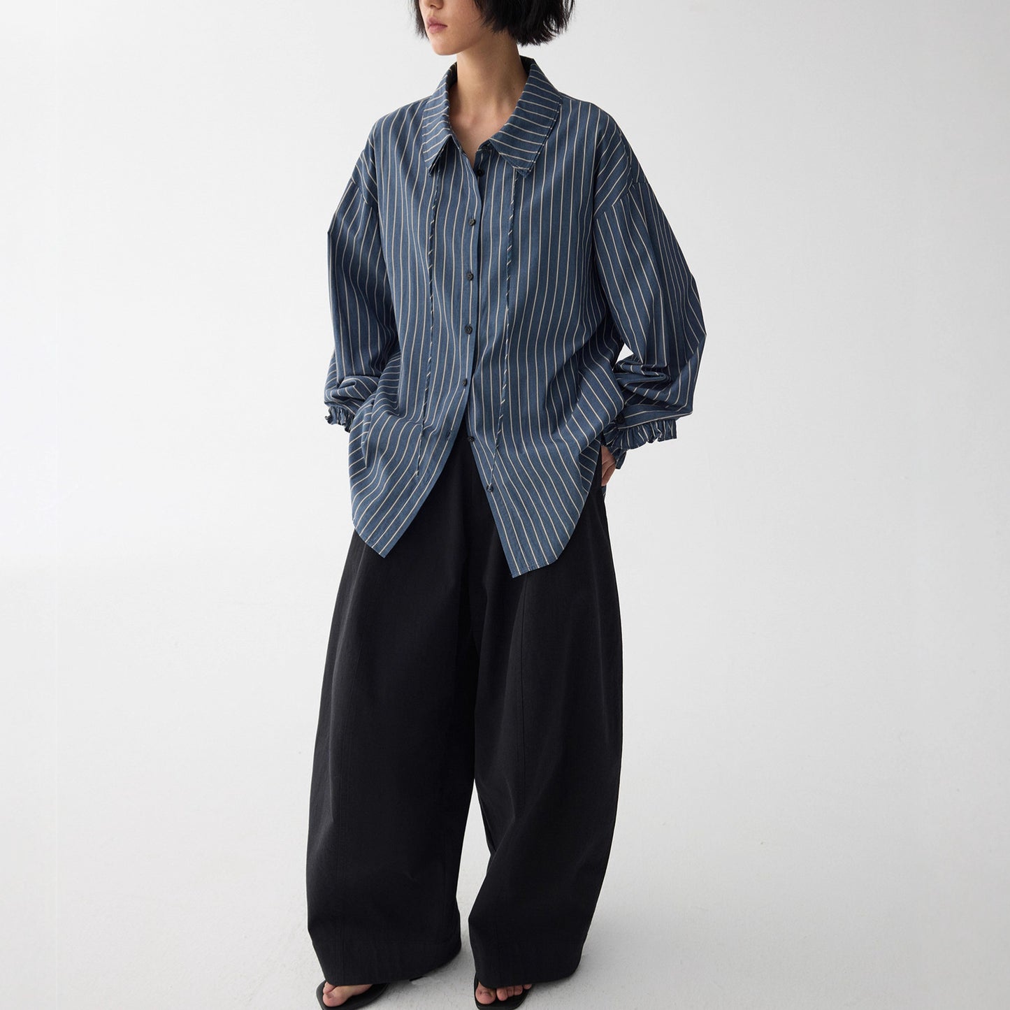 Blue Dream Woven Deep Blue Stripe Double Layer Collar Tie Shirt Top