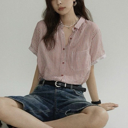 Breathable Ramie Short Sleeve Shirt Elegant High-end Blouse