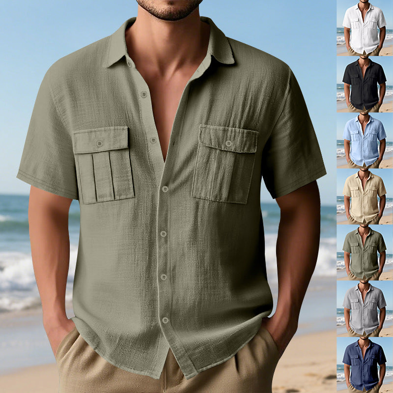 Solid color cardigan short sleeved loose collar men's shirt