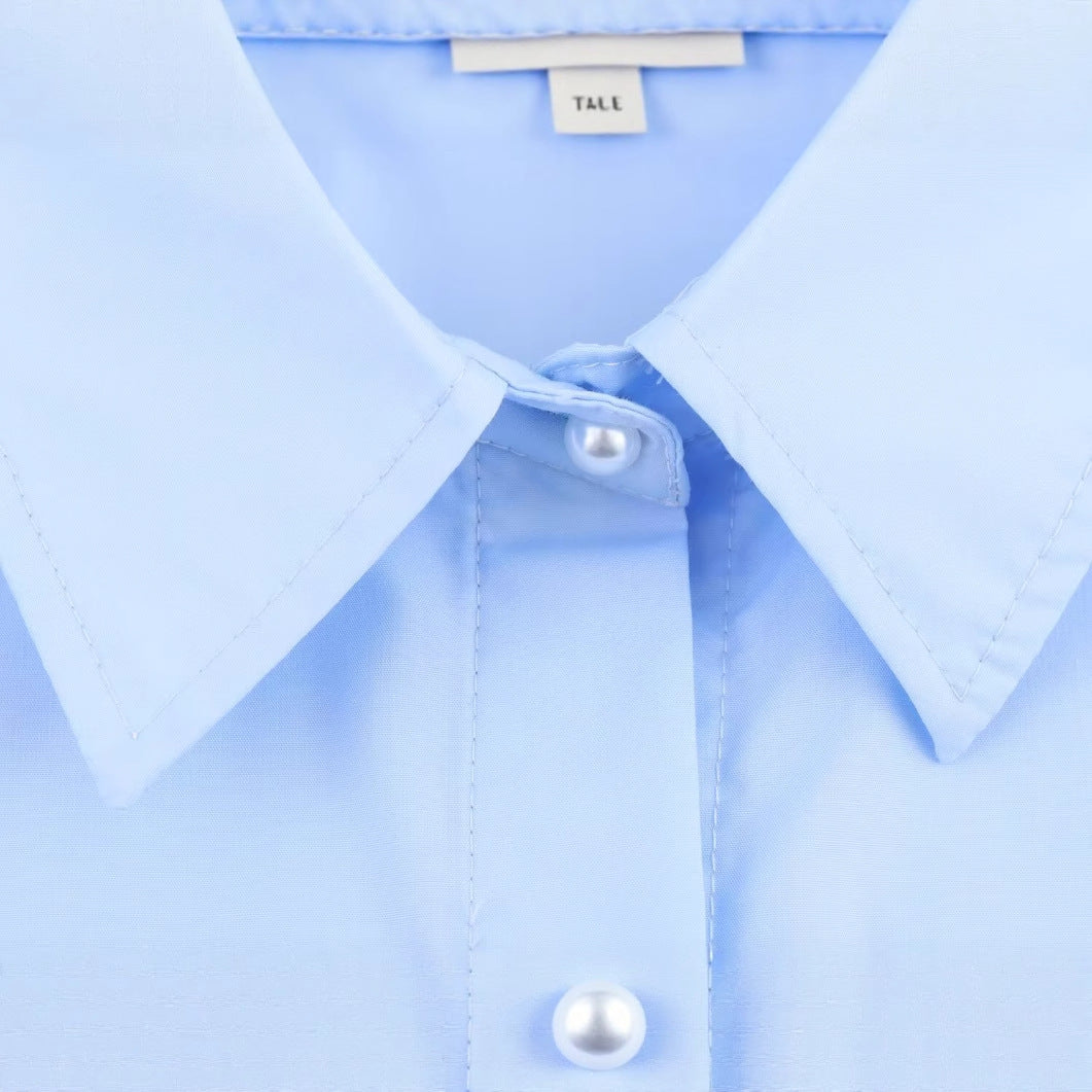 Casual collar long sleeved single breasted bow tie blue shirt top for women