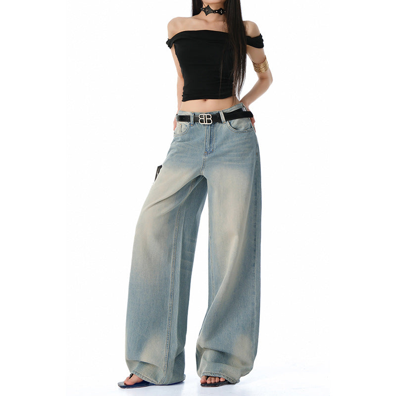 Tencel Wide-Leg Jeans Women Retro Vintage Popular Loose Straight Floor-Length Denim Pants