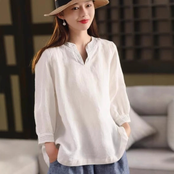 Thick Hemp Shirt Women's Handmade Embroidered Blouse Elegant Three-Quarter Sleeve Pullover Top Summer