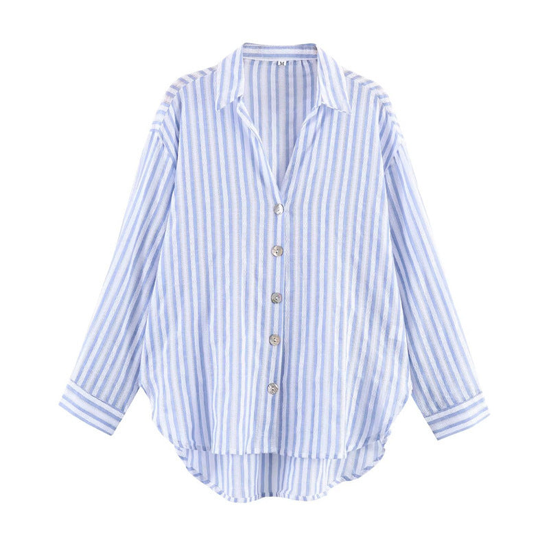Women's Stripe Single-Button Flip Collar Long Sleeve Loose Shirt