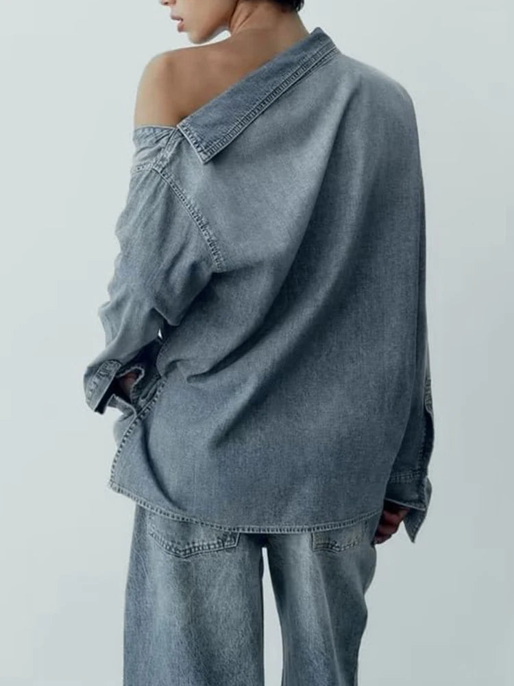 Solid Casual Denim Blouses For Women Diagonal Collar Long Sleeve Patchwork Single Breasted Irregular Shirts Female Fashion