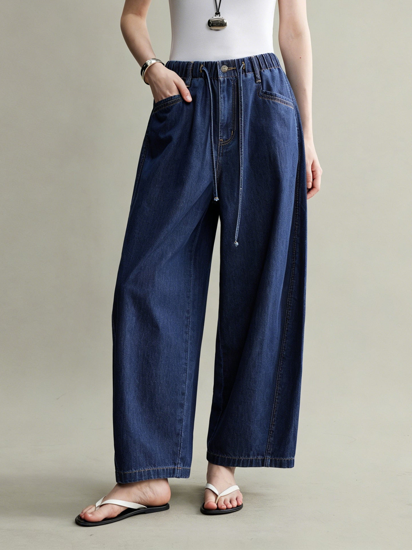 Deep Blue Elastic Waist Wide Leg Jeans for Women Slimming and Hip-Hiding, Versatile Long Pants