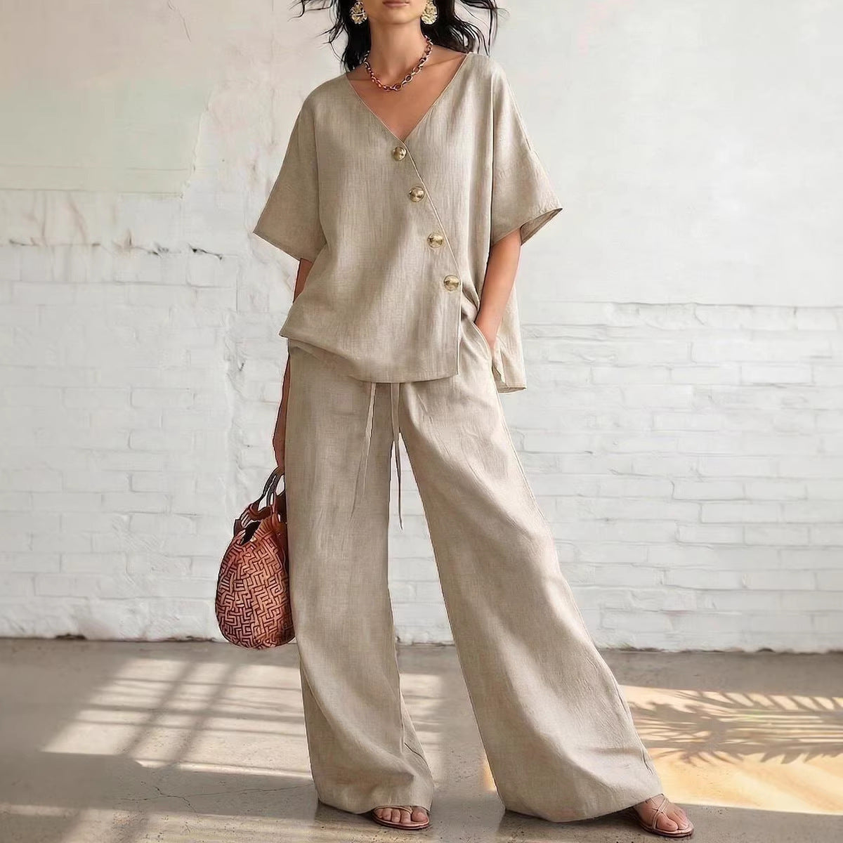 Women's Fashion Casual Solid Color V-Neck Loose Short Sleeve Top with Drawstring Pants Two-Piece Set