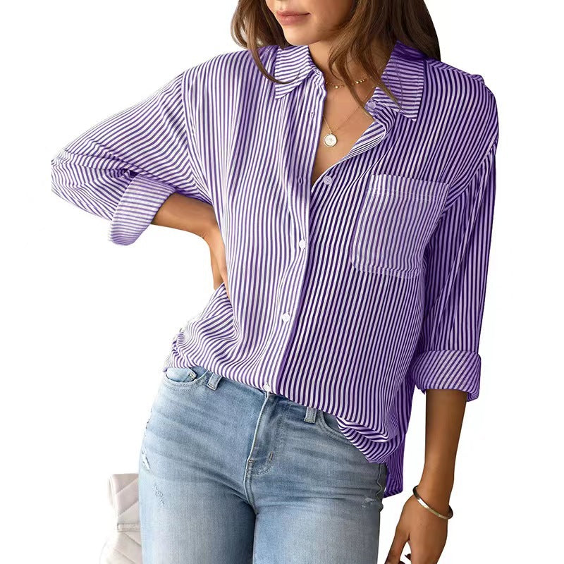 Women's Striped Cardigan Top Loose and Casual Long-sleeved Shirt
