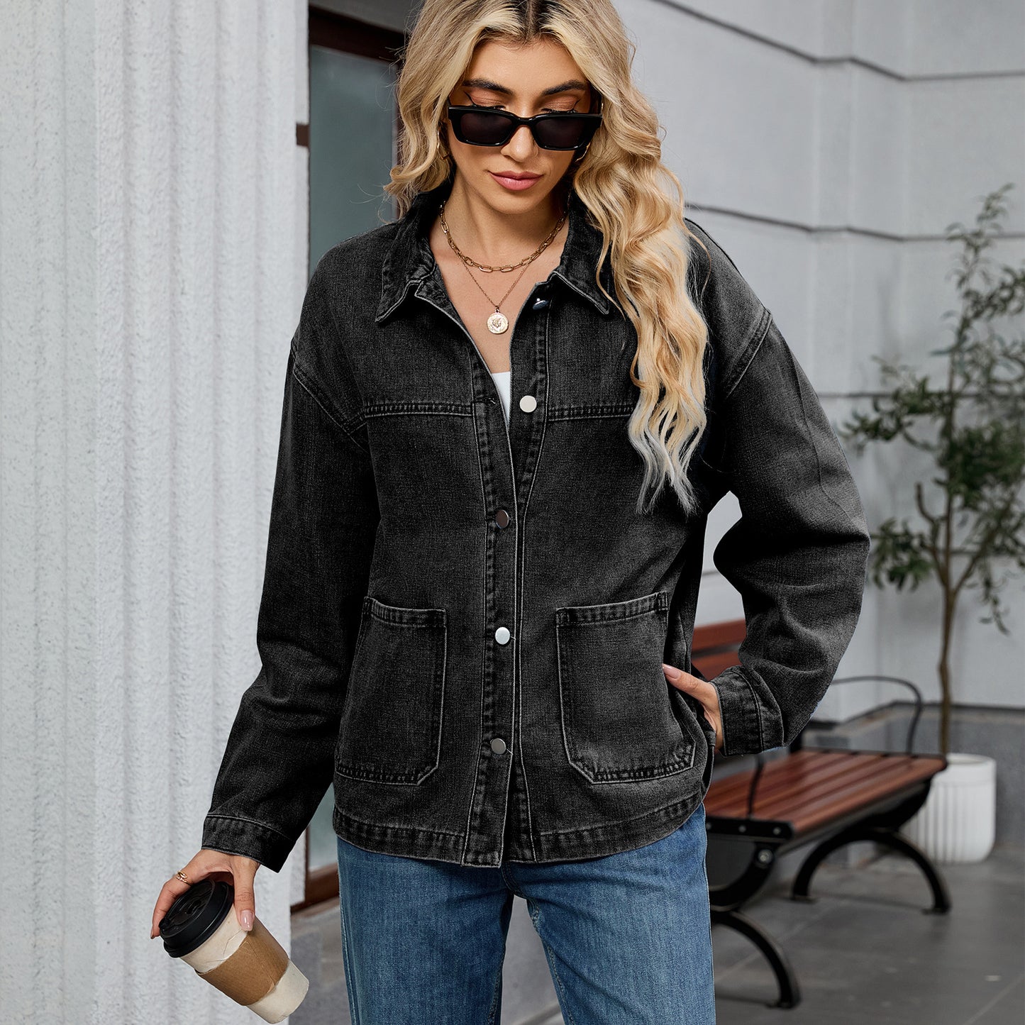 Women's  Loose Casual Long-sleeved Jacket Early Autumn New Turn-down Collar Denim Jacket