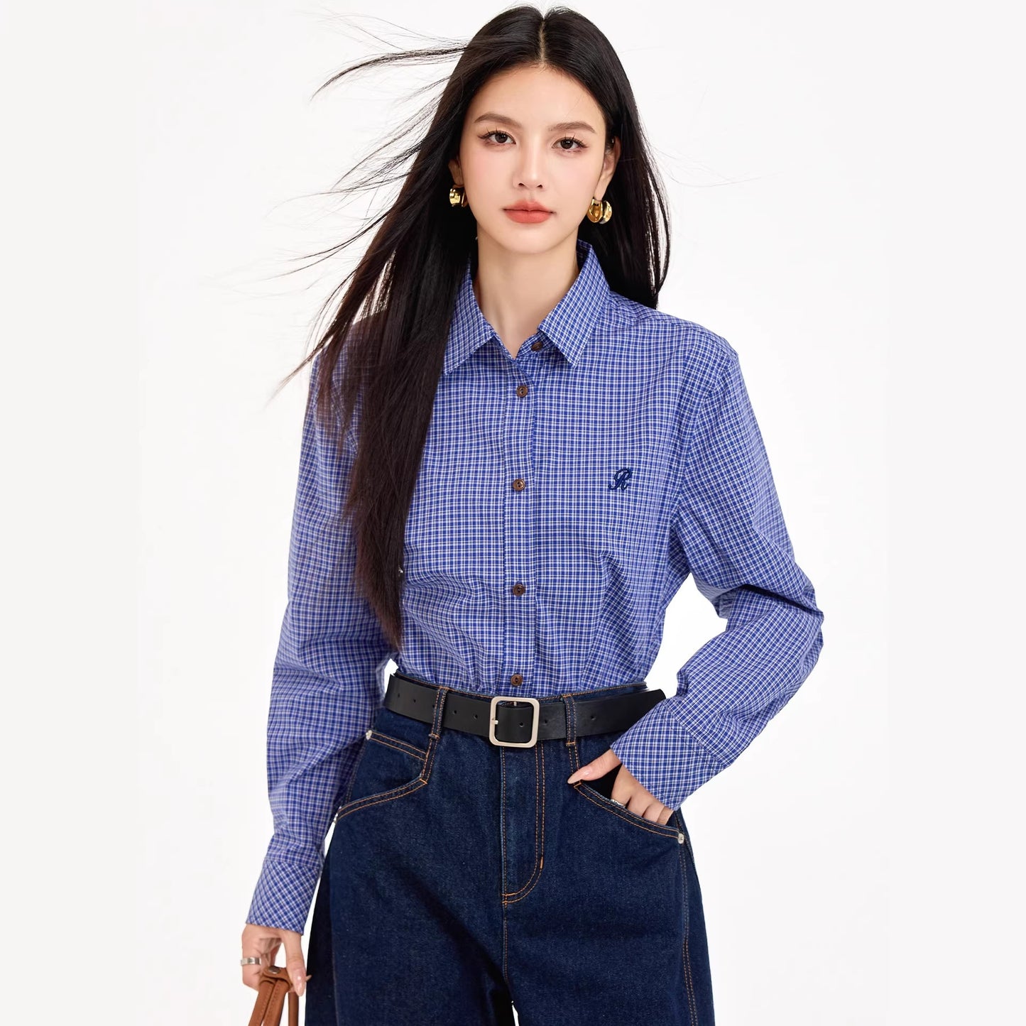 Vintage Versatile MIU-inspired Blue Checkered Shirt for Women Casual and Elegant Blouse