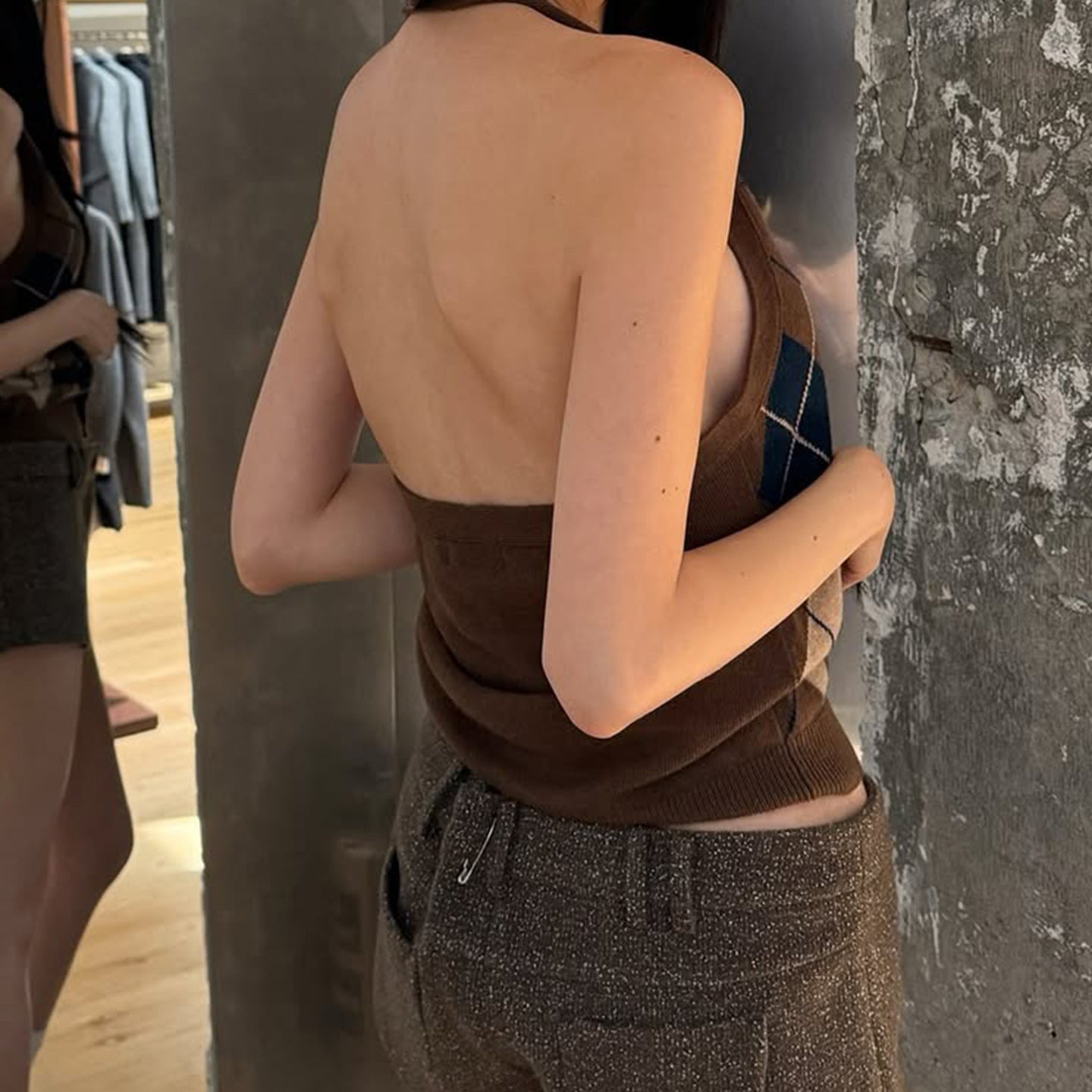 Backless slimming college style contrasting color backless top