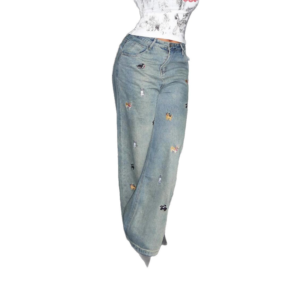 Worn-in Fun Sausage Dog Embroidered Denim Pants