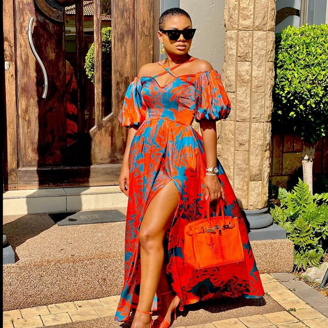 Printed V-Neck Backless Split Maxi Dress for Women