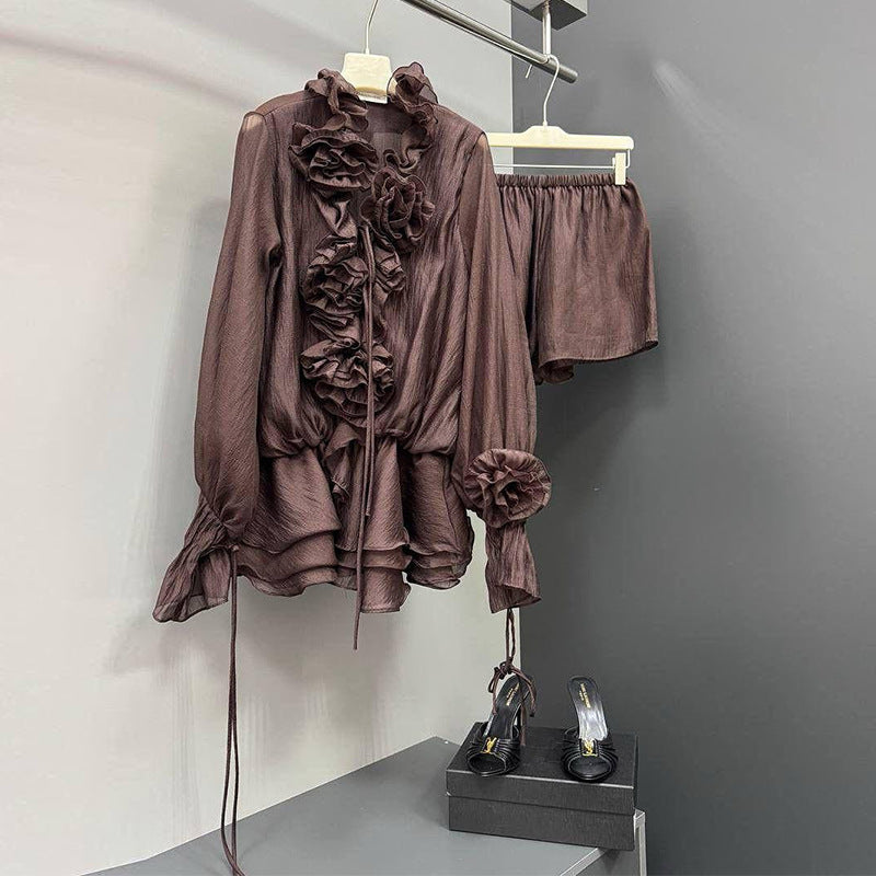 Flower Lantern Sleeve Blouse and Shorts Set