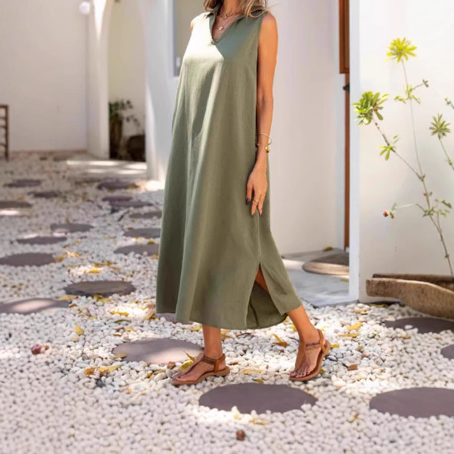 Solid Color Sleeveless V-Neck Loose Fit Dress