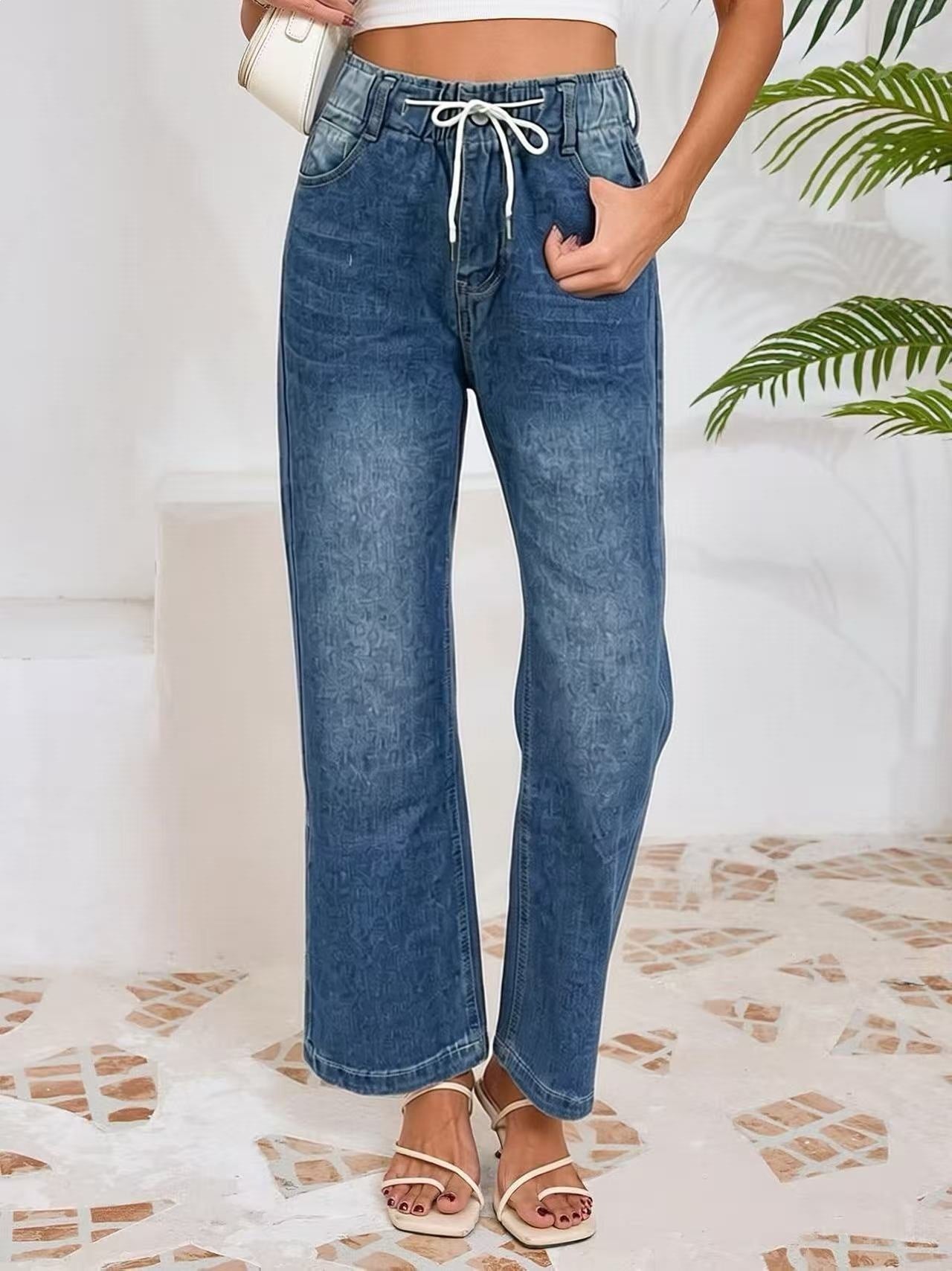 Fashionable and personalized slim drawstring wide leg straight leg women's jeans