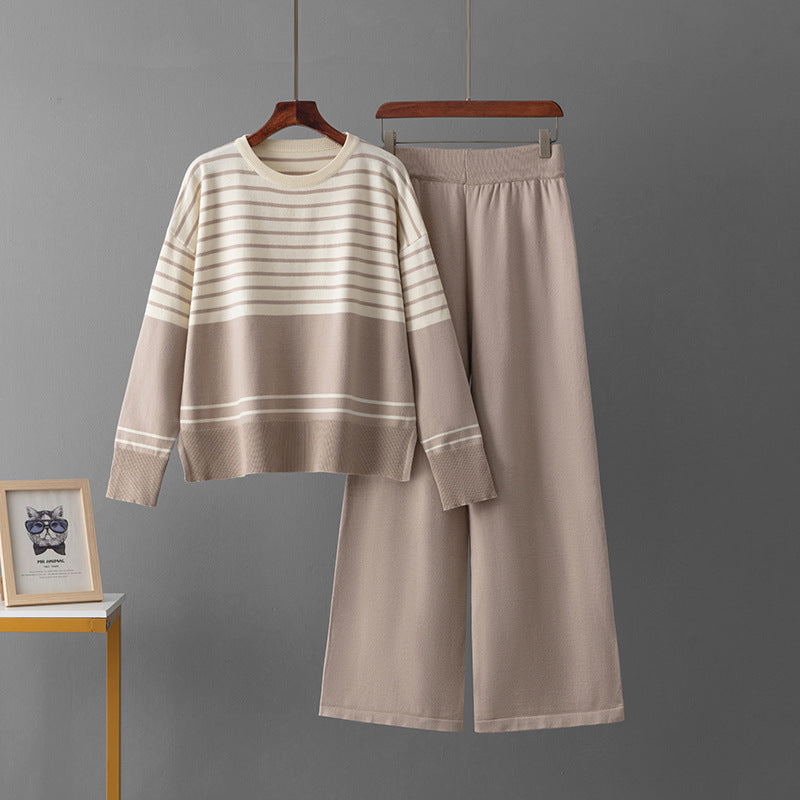 Two piece striped round neck sweater set