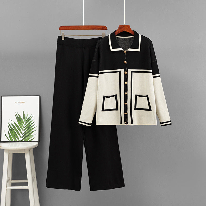 Flip collar loose cardigan two-piece set