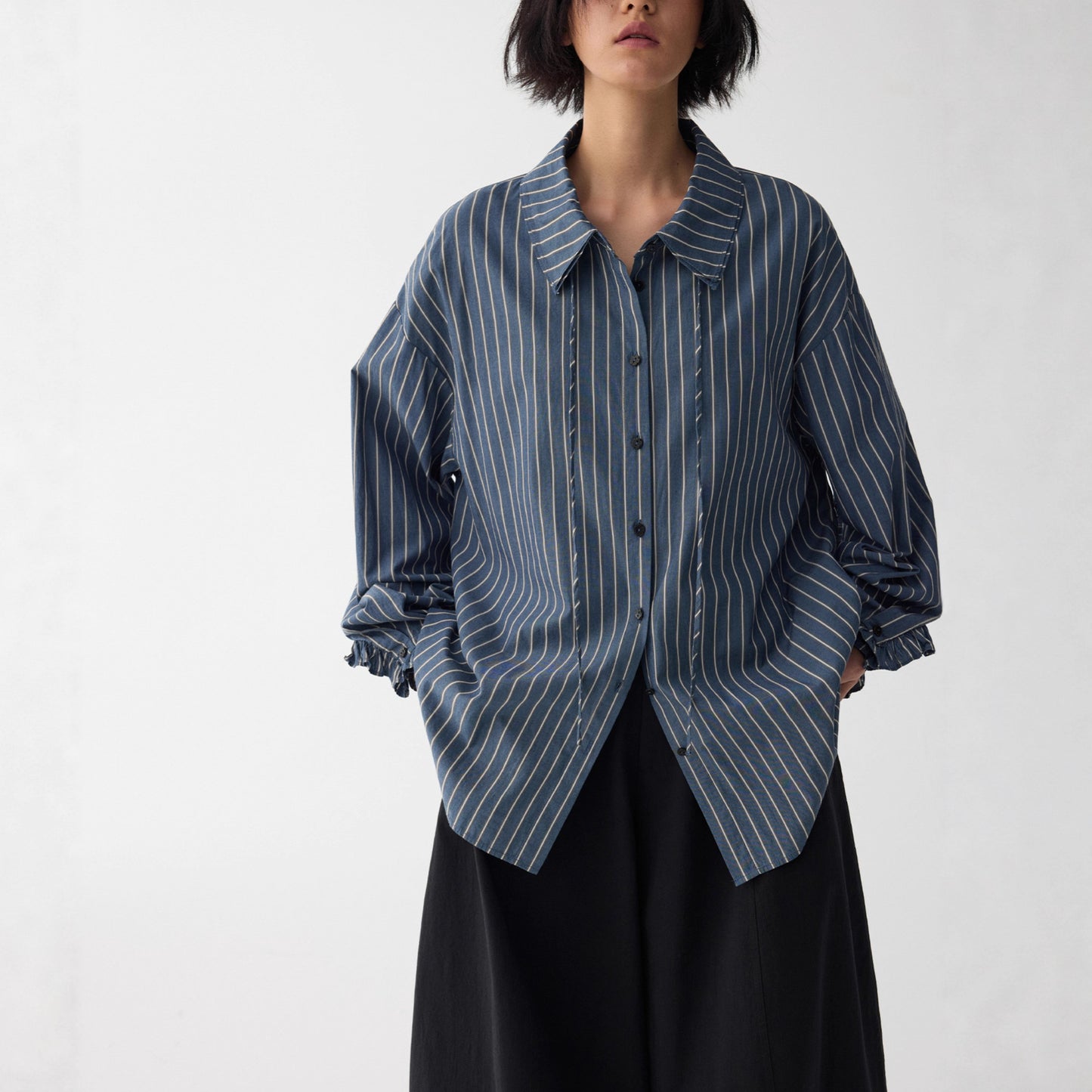 Blue Dream Woven Deep Blue Stripe Double Layer Collar Tie Shirt Top