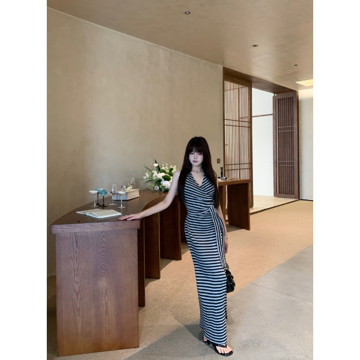 Stylish V-Neck Cross-Tie Stripe Dress for Women