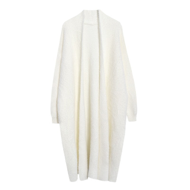 Knee length faux mink fur cardigan sweater loose knit jacket outerwear