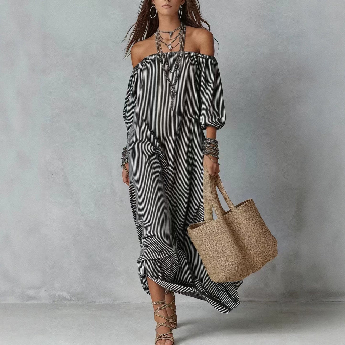Elegant Striped Off-Shoulder Loose Vacation Fashion Dress for Women