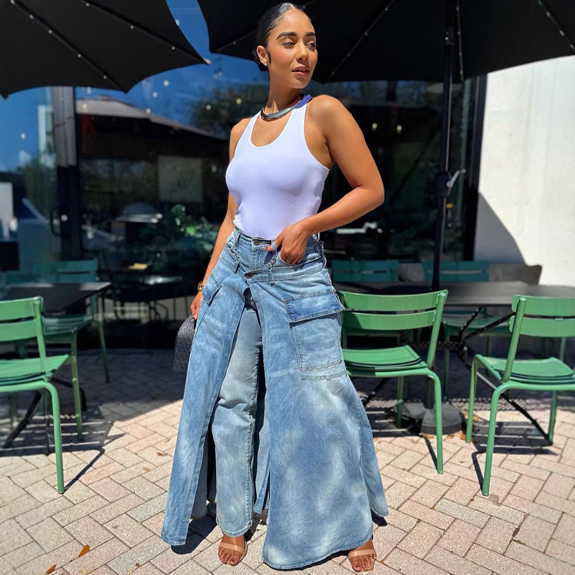 Women's faux two-piece denim pants skirt, street fashion symmetrical slit denim pants