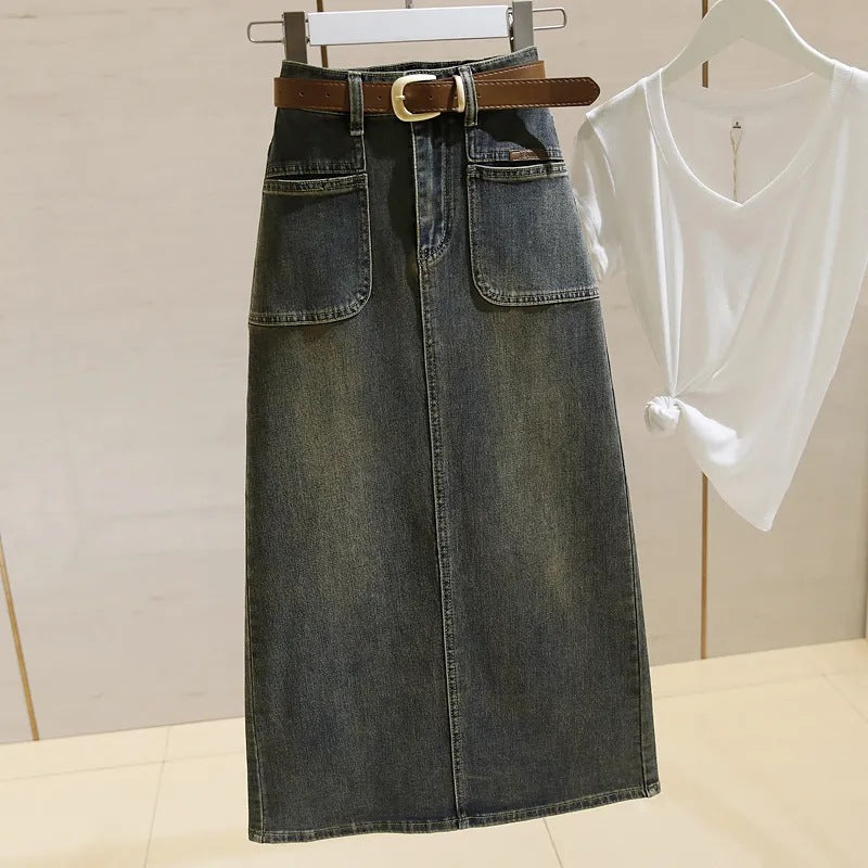Mid-length denim skirt for women, high waist, retro loose slimming split A-line fitted skirt