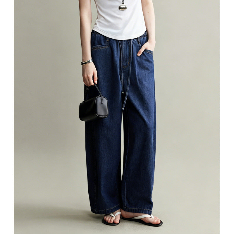 Deep Blue Elastic Waist Wide Leg Jeans for Women Slimming and Hip-Hiding, Versatile Long Pants