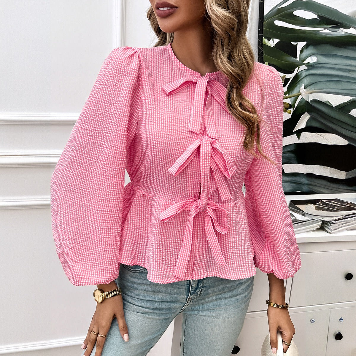 Autumn and winter women's casual bubble sleeves round neck loose long sleeved shirt for women