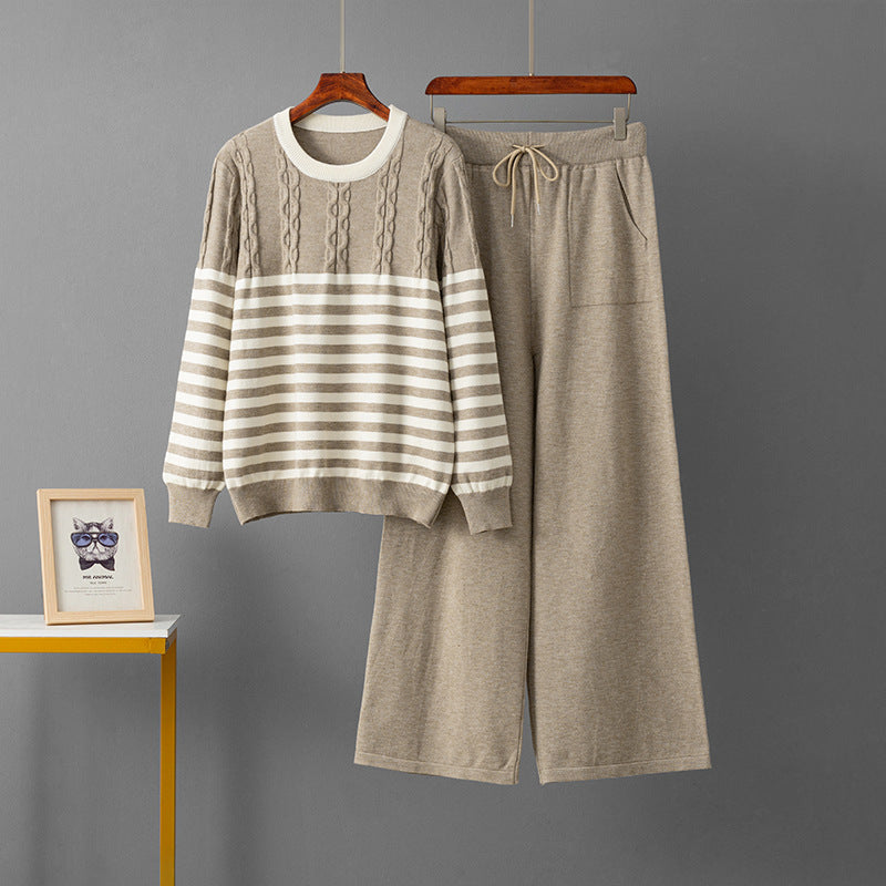 Round neck sweater loose pants two-piece set