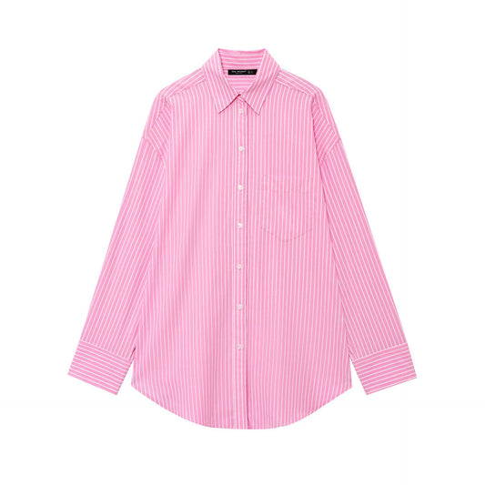Striped collar long sleeved shirt top for women