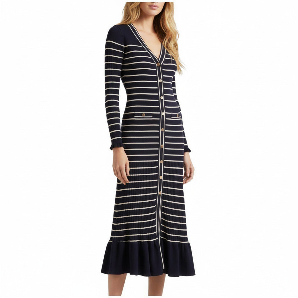 Elegant Fitted Knitted Tweed Stripe Long Sleeve Ruffle Dress with Single Breasted Design Autumn/Winter Lady's Dress
