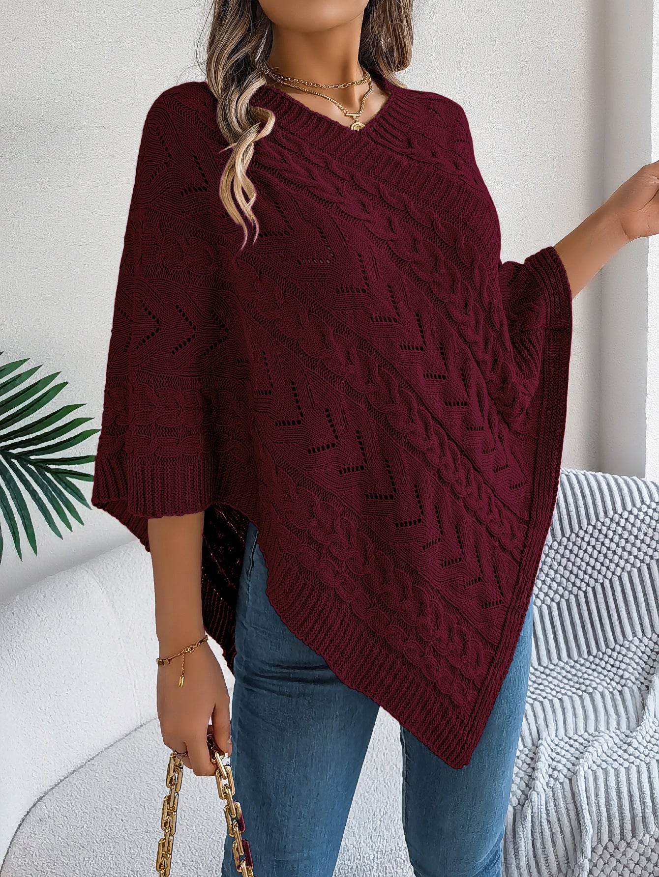 Women's autumn and winter celebrity style elegant casual solid color twist loose cape sweater coat