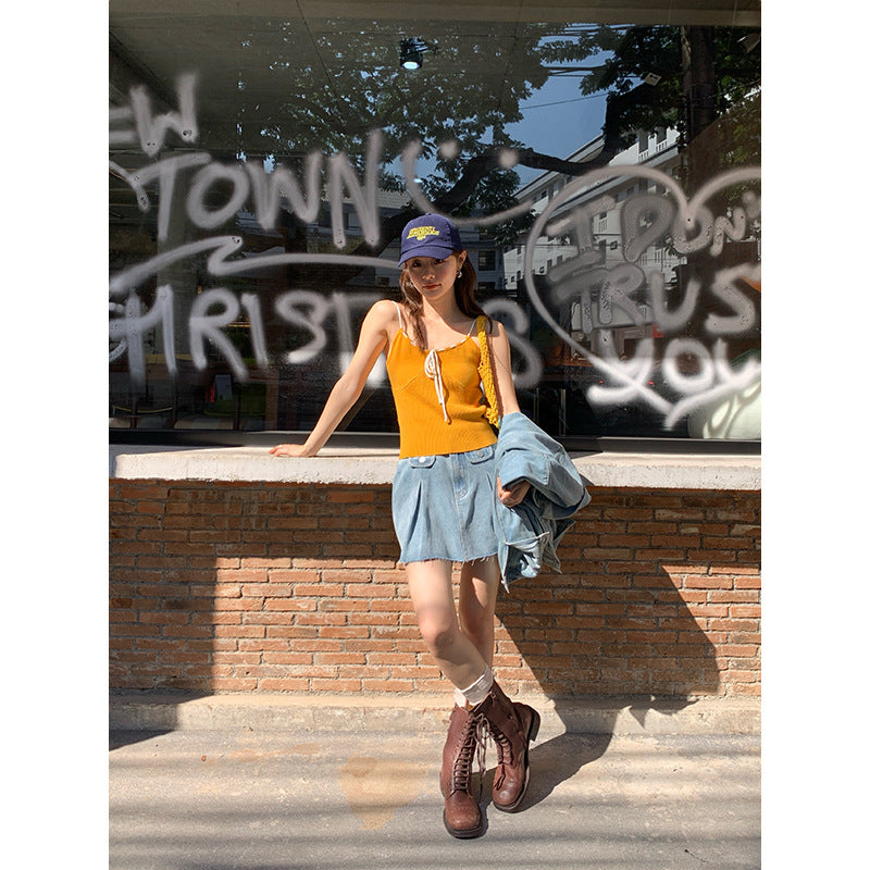 Retro hairy denim short skirt