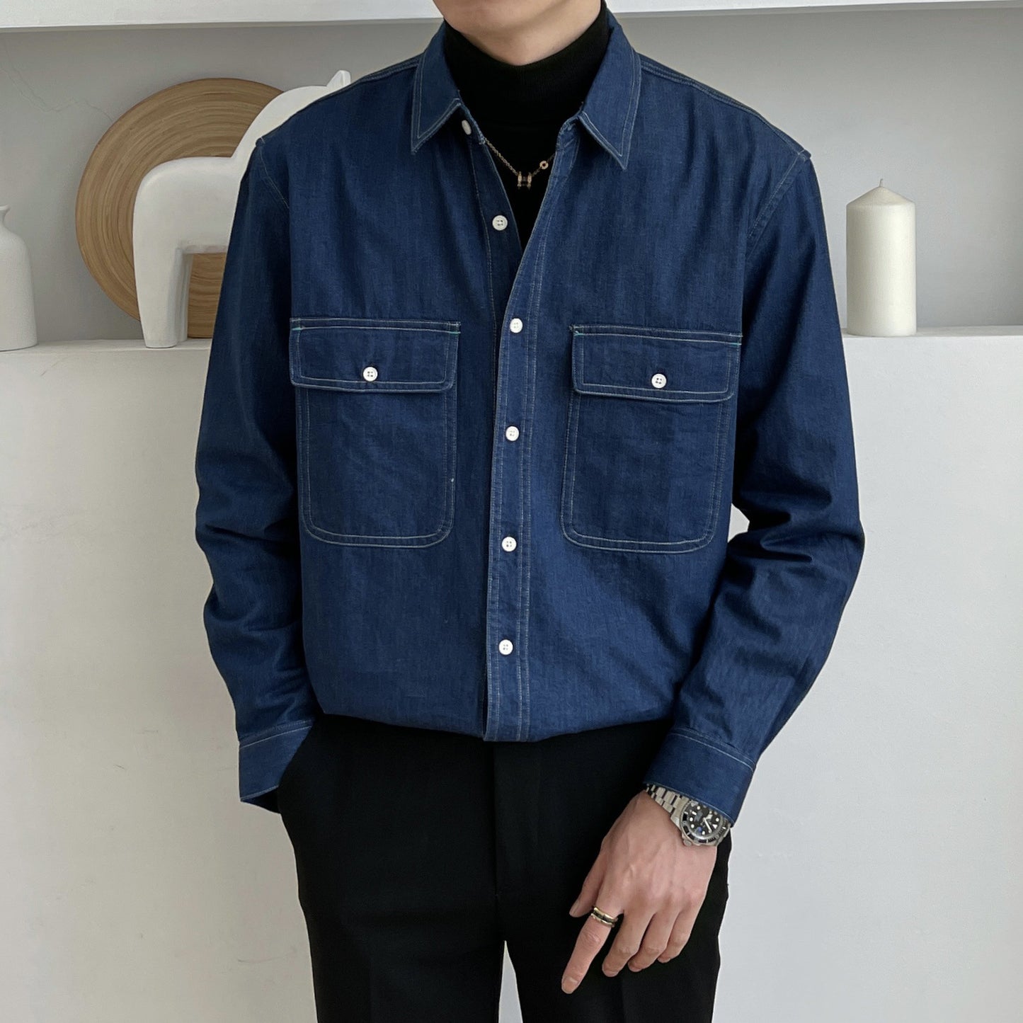 Retro denim shirt men's spring long sleeved shirt
