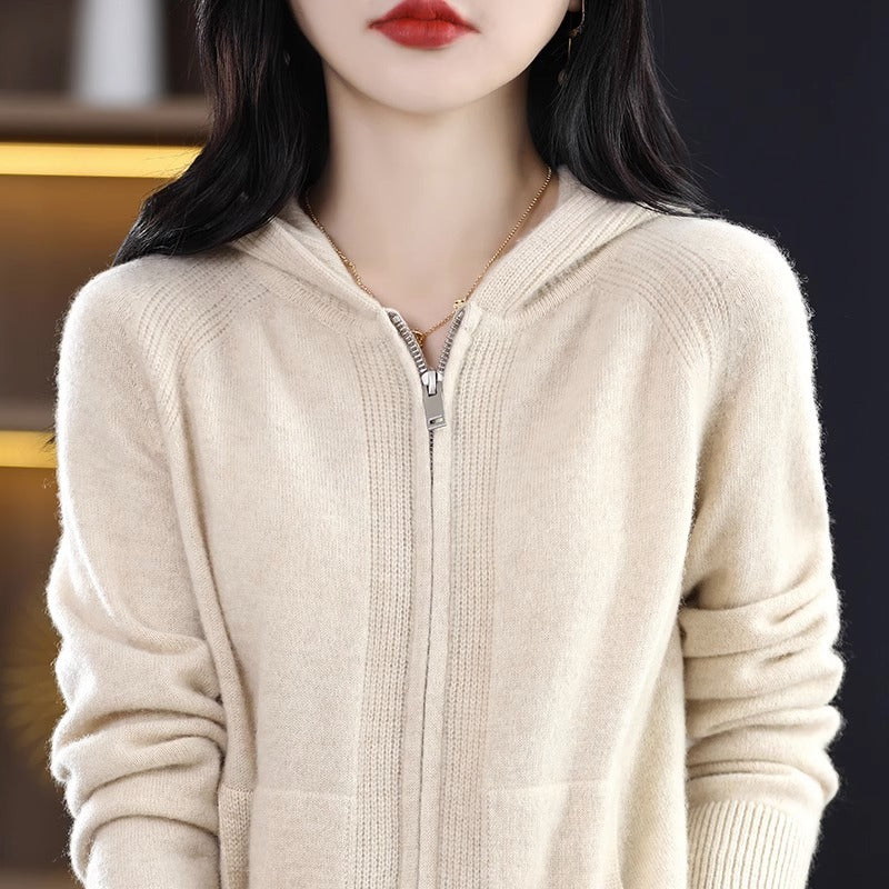 Hooded Zipper Knit Cardigan Women Long Sleeve Versatile Loose Sweater Coat Fashion Top
